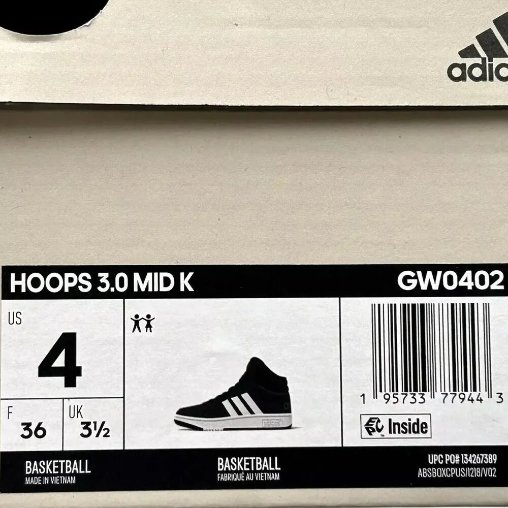 Adidas Hoops 3.0 Mid Top Youth Boys/Girls Basketball Sneaker Size 4‎ Black/White